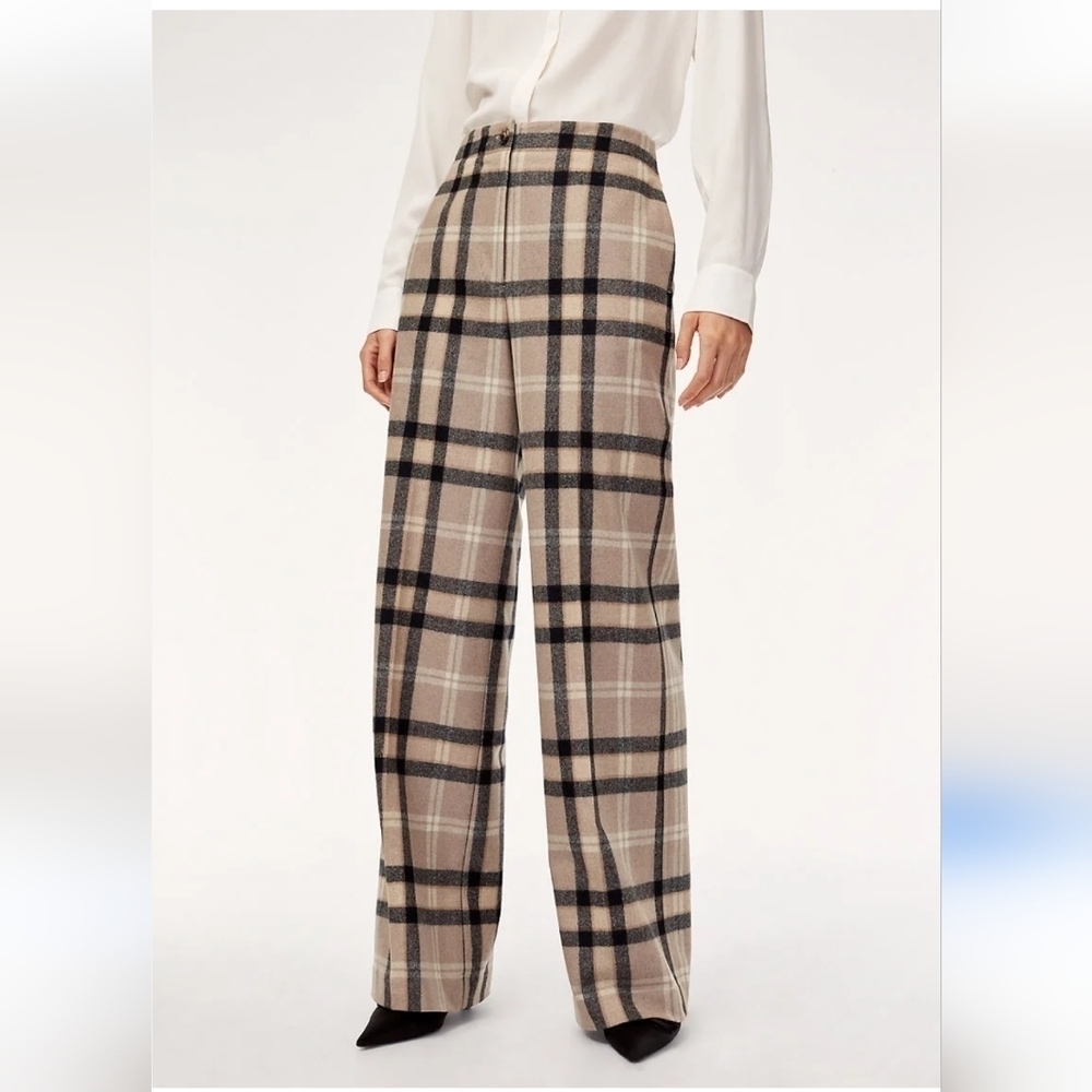 Aritzia Wilfred Madelon women's neutral plaid wool wide legs pants size 00